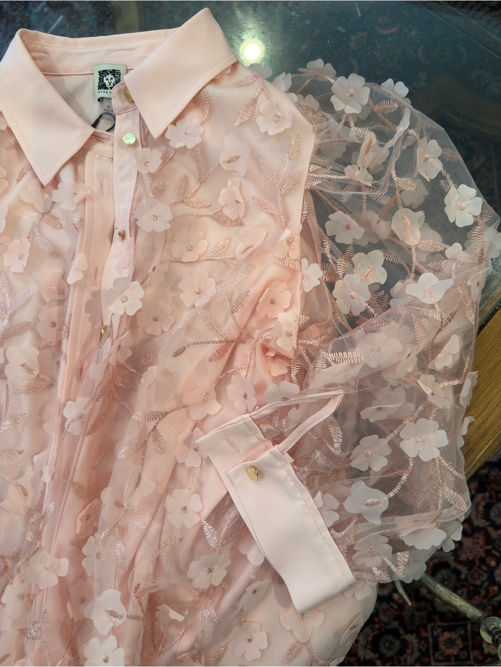Anne Klein Light Pink Sheer Floral Appliqué Button Down Blouse - Picture 3 of 5